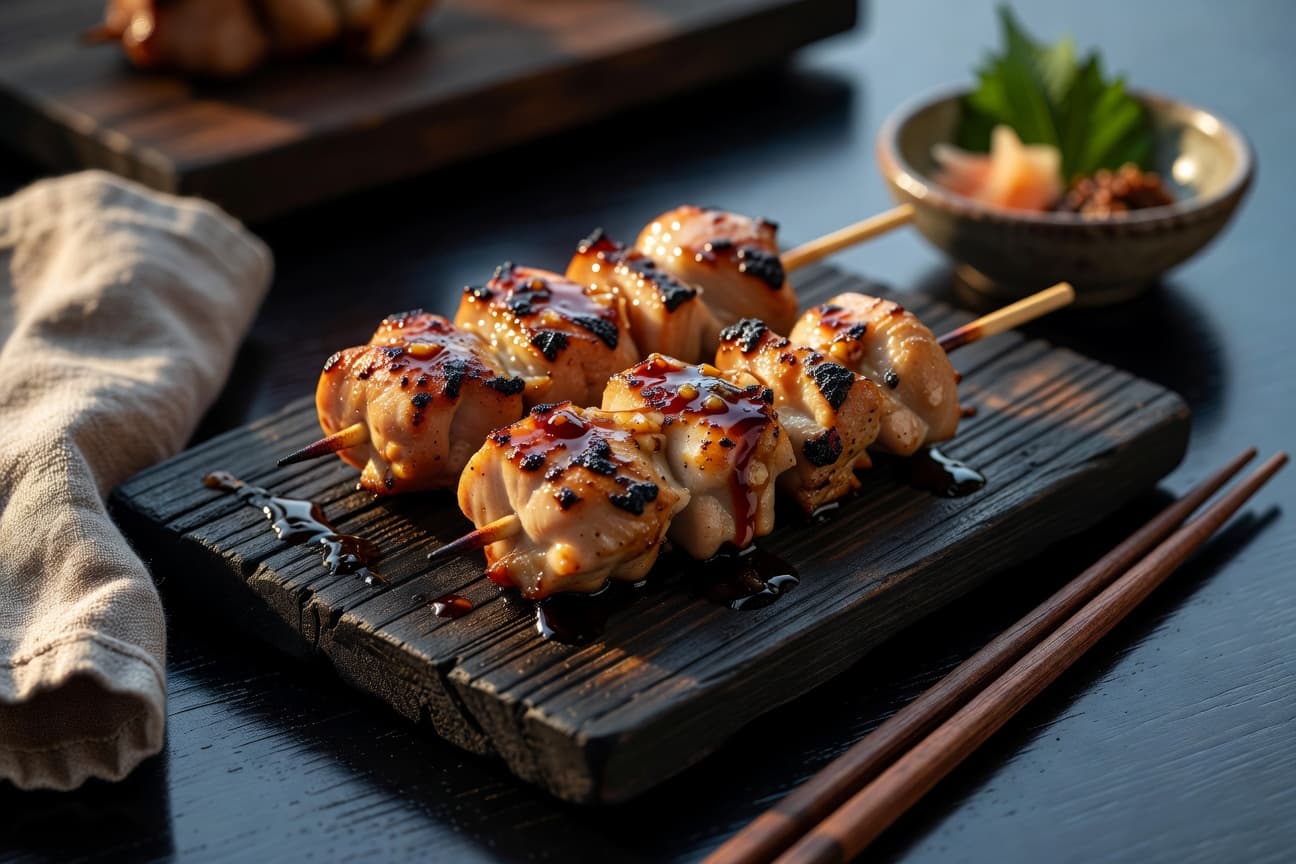 Yakitori skewers fresh off the grill — lacquered, charred, and ready to share.