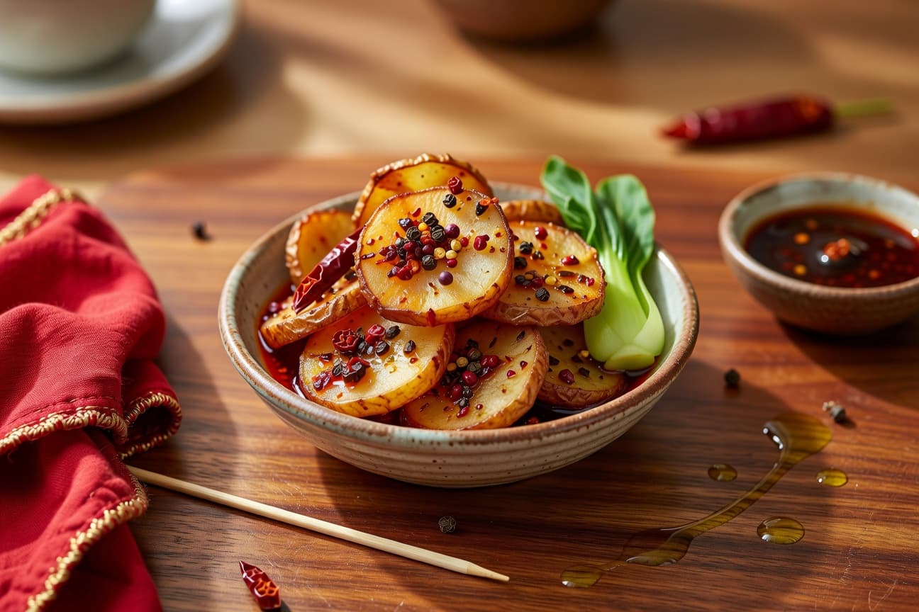 Crispy chili oil potato coins garnished with scallions and sesame seeds — ready to disappear fast.