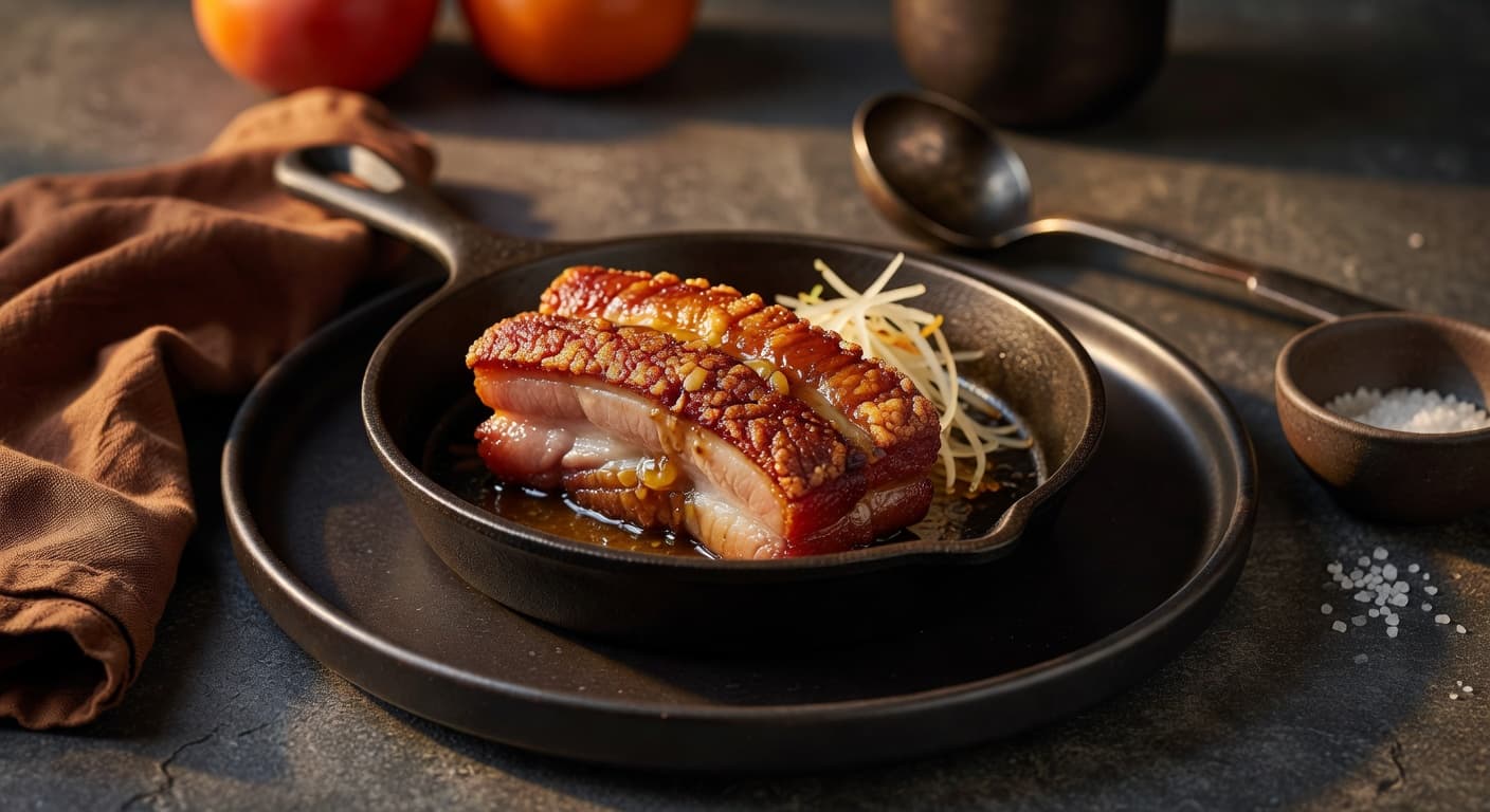 Pan-seared pork belly with crackling skin, sliced and drizzled with ginger-scallion sauce.