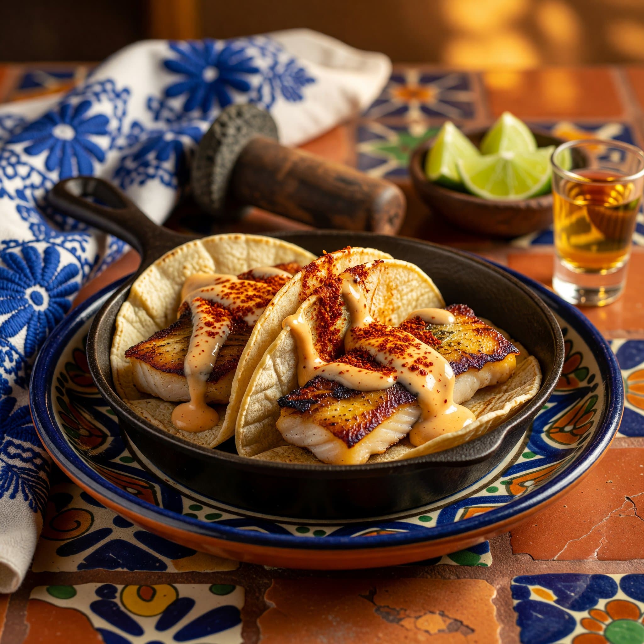 Pan-seared mahi mahi tacos loaded with chipotle crema, red cabbage, avocado, and fresh cilantro.