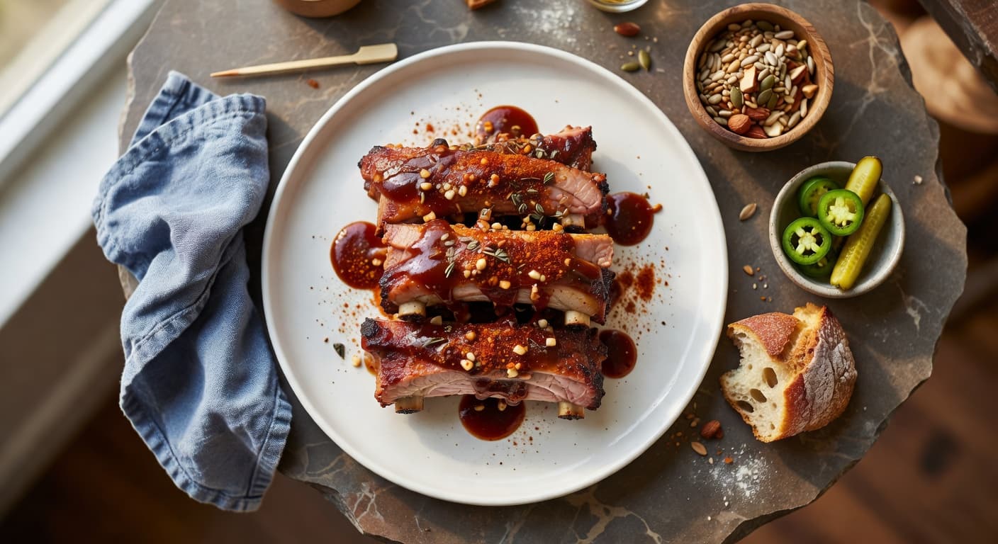 Glazed oven pork ribs sliced and ready to serve — sticky, caramelized, and fall-off-the-bone tender.