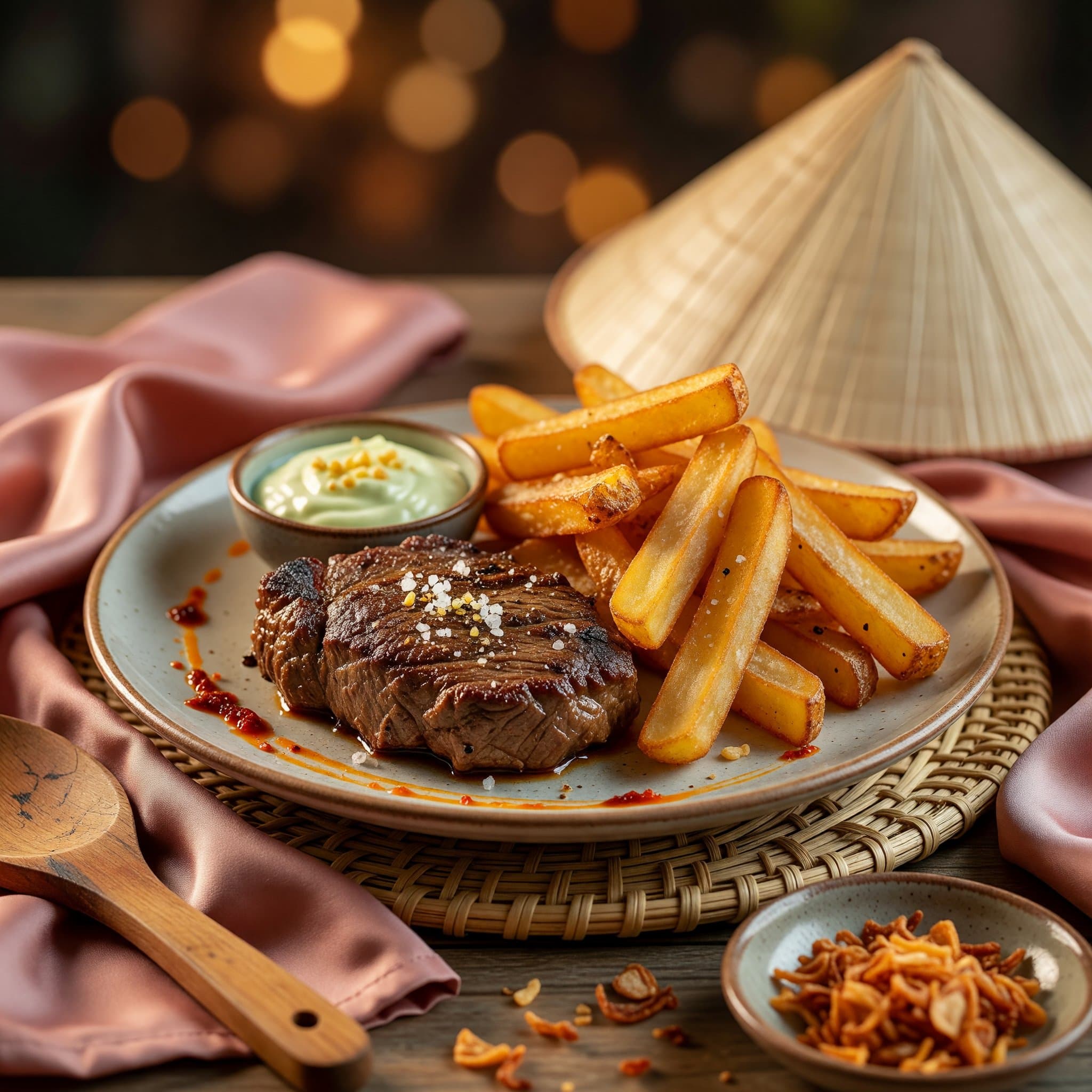 Vietnamese steak and crispy fries plated with garlic aioli, fresh cilantro, and sliced scallions.