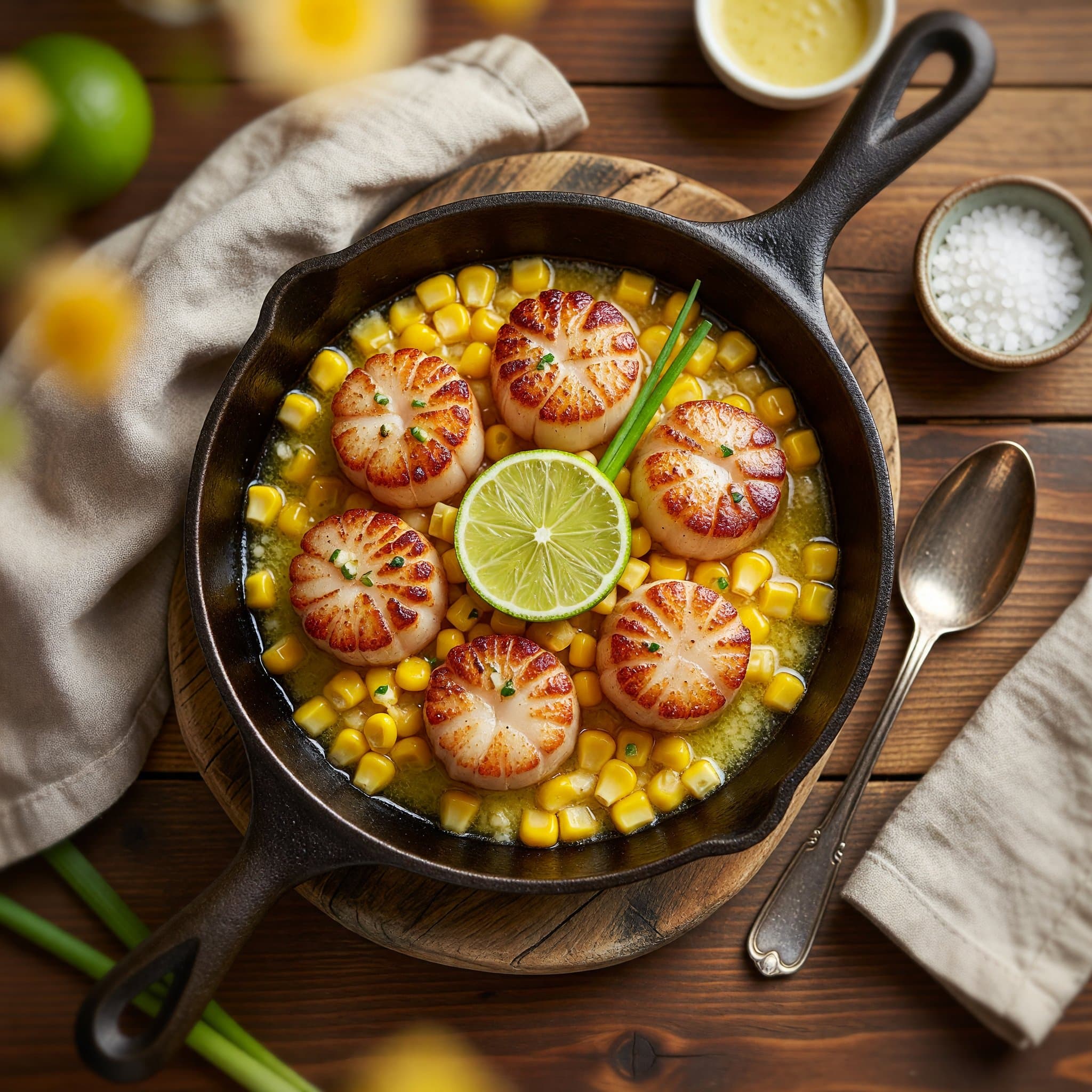 Pan-seared scallops with a golden crust, nestled in lemongrass corn butter and finished with fresh cilantro and lime.