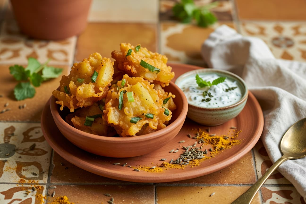 Crispy golden pakora piled high, served alongside a vivid green mint-yogurt dipping sauce.