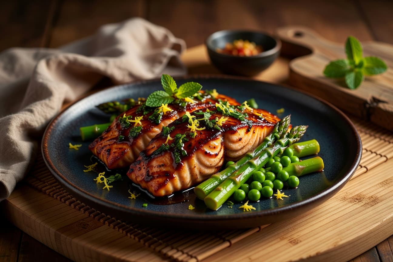 Miso-glazed salmon with asparagus, peas, and a fresh mint-lemon gremolata — a weeknight dinner that punches way above its weight.