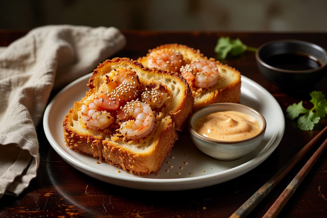 Crispy shrimp toast triangles, golden and sesame-crusted, served alongside sweet chili mayo for dipping.