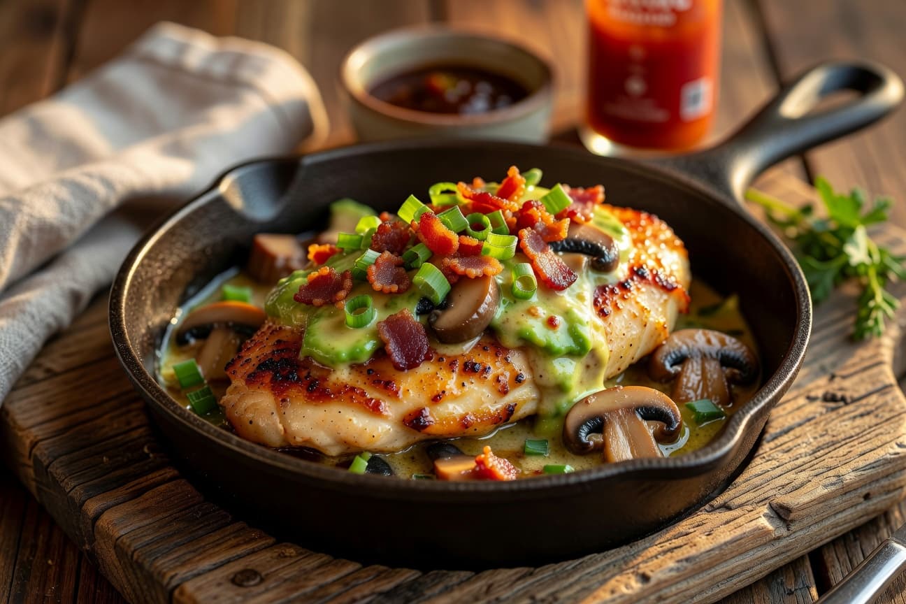 Pan-seared chicken draped in mushroom-avocado butter sauce, finished with crispy bacon crumble and fresh scallion greens.