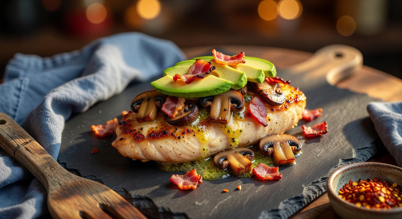 Garlic butter chicken topped with creamy avocado, crispy bacon crumbles, and fresh scallion — straight from the cast iron.