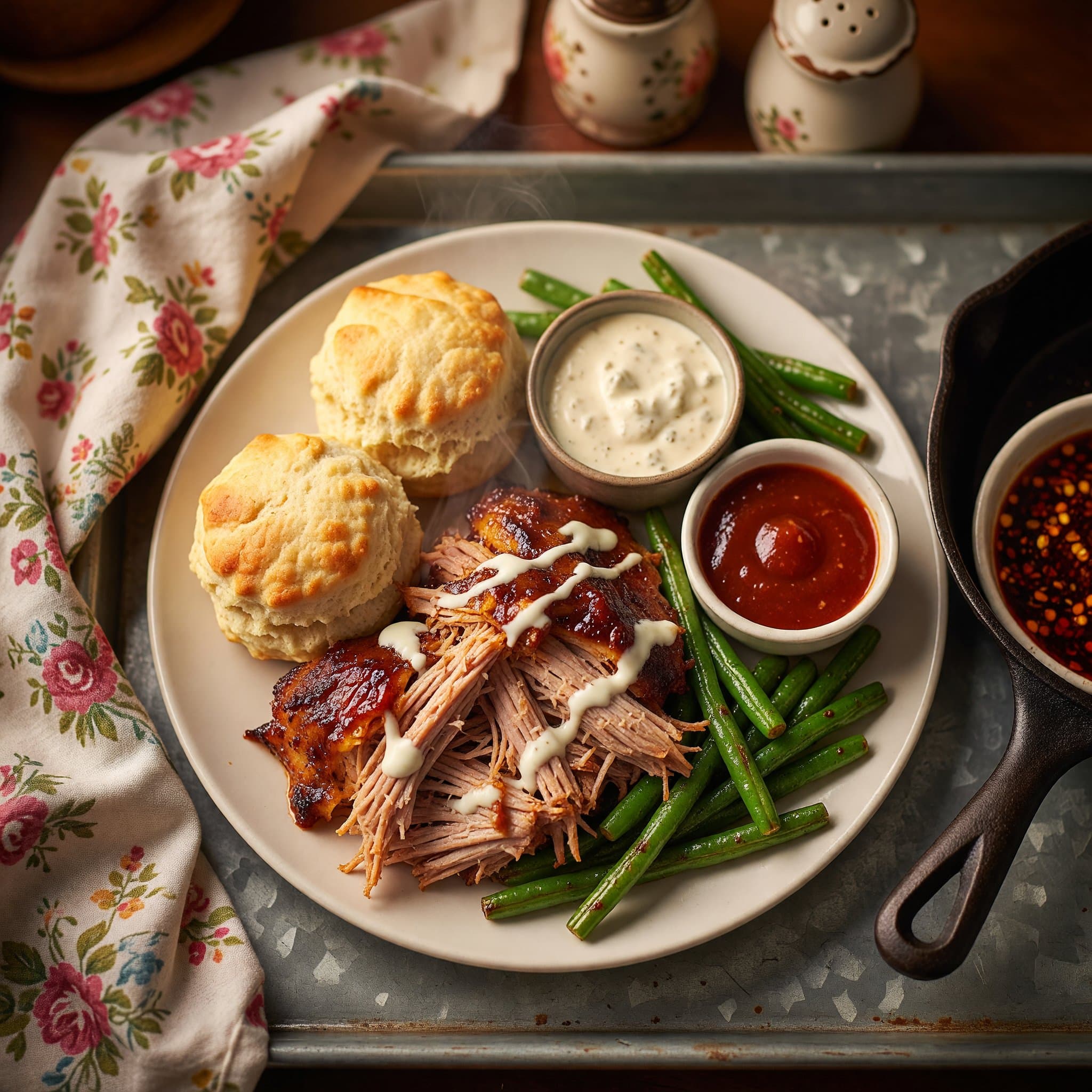 Pulled pork piled high on a plate with golden buttermilk biscuits and garlicky green beans — the full Southern spread.