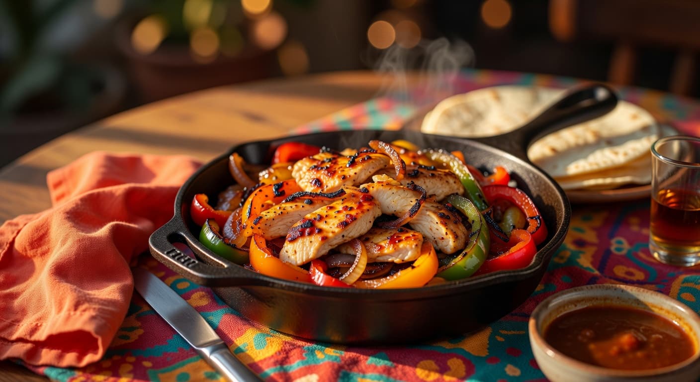 Chili-lime chicken fajitas loaded with charred peppers and crispy onions, ready to build at the table.
