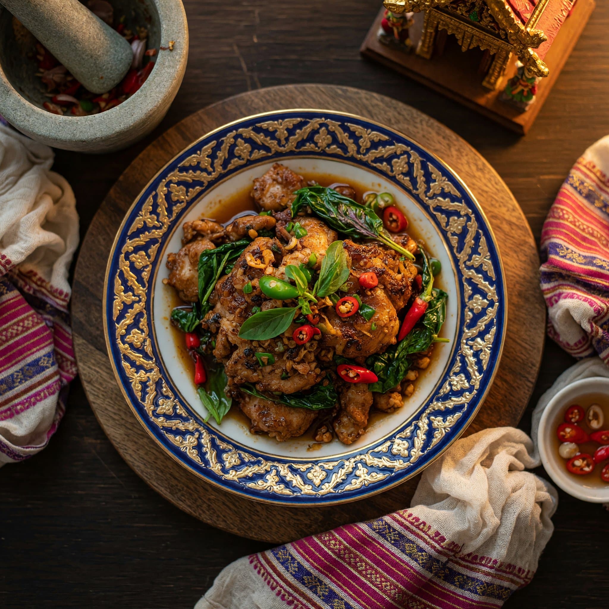 Glossy Thai basil chicken in the wok, basil just wilted, steam still rising.
