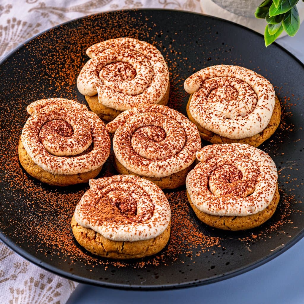 Soft tiramisu cookies piled high with espresso mascarpone cream and a dusting of cocoa powder.