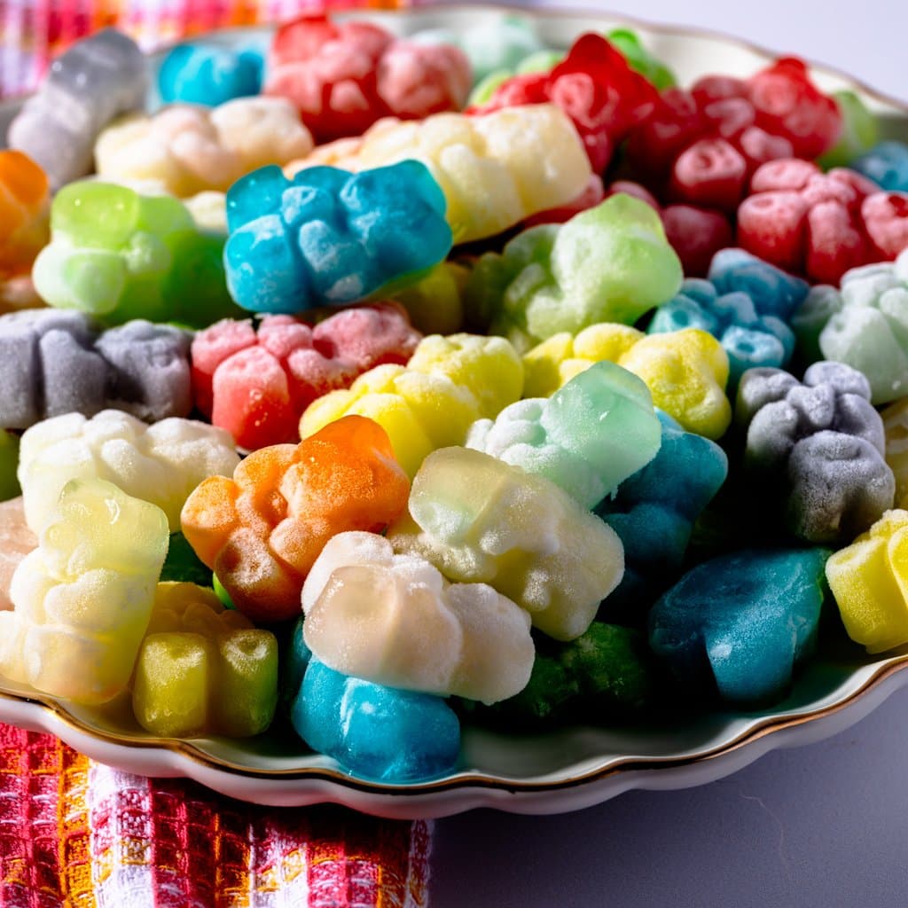 Frozen gummy bears after an overnight Sprite soak and freeze — plump, slushy, and ready to eat.