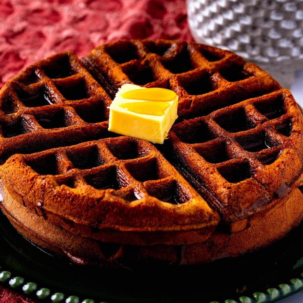 Gingerbread waffles stacked high, topped with butter and a drizzle of syrup — holiday breakfast goals.