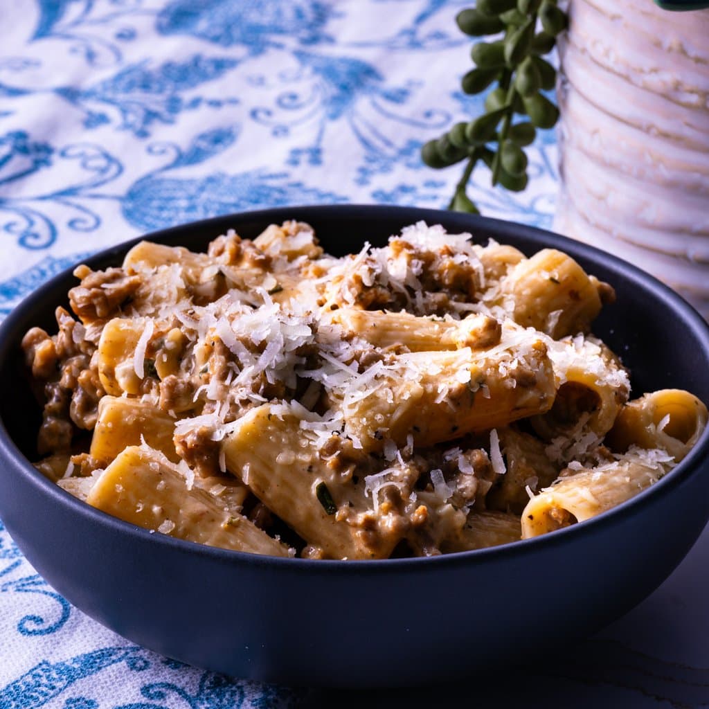 Pasta alla Norcina — rigatoni tossed in a rich cream sauce with Italian pork sausage and pecorino.