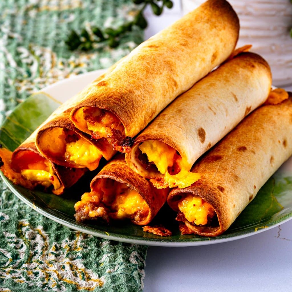 Golden baked breakfast taquitos fresh from the oven — crispy edges, melty cheese, and all the good stuff inside.