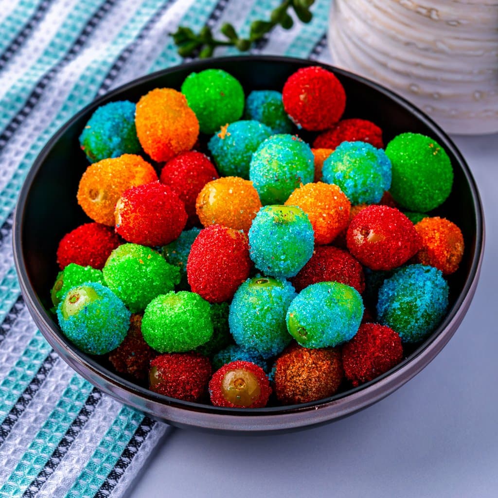 Sweet and sour grapes coated in colorful Jell-O powder — ready to grab and snack.