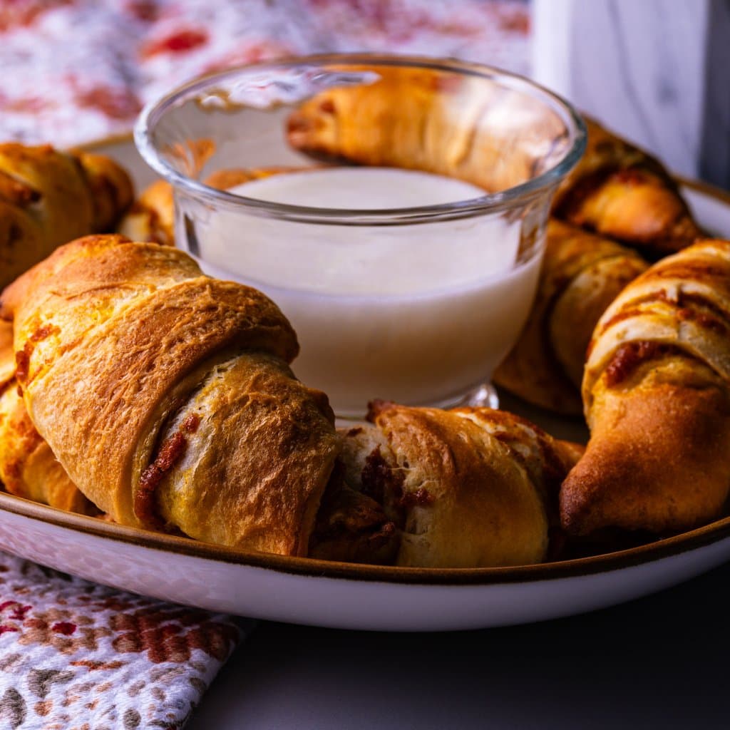 Golden pumpkin pie stuffed crescent rolls fresh from the oven, served with maple icing dipping sauce.