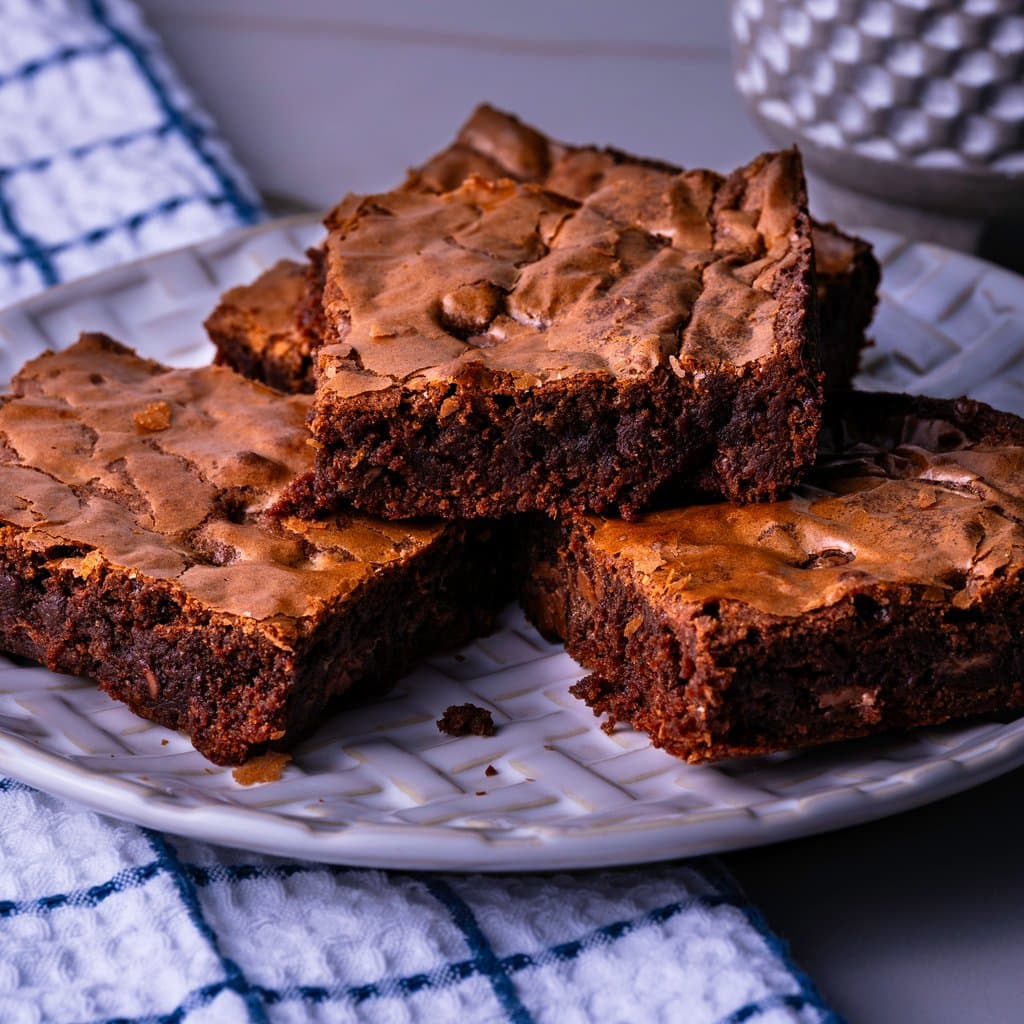 Fudgy brownies fresh from the pan — crinkly top, dense center, loaded with chocolate chips.