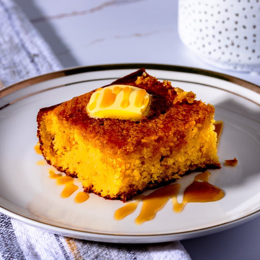 Golden honey butter cornbread fresh from the oven, glaze still soaking into the top.