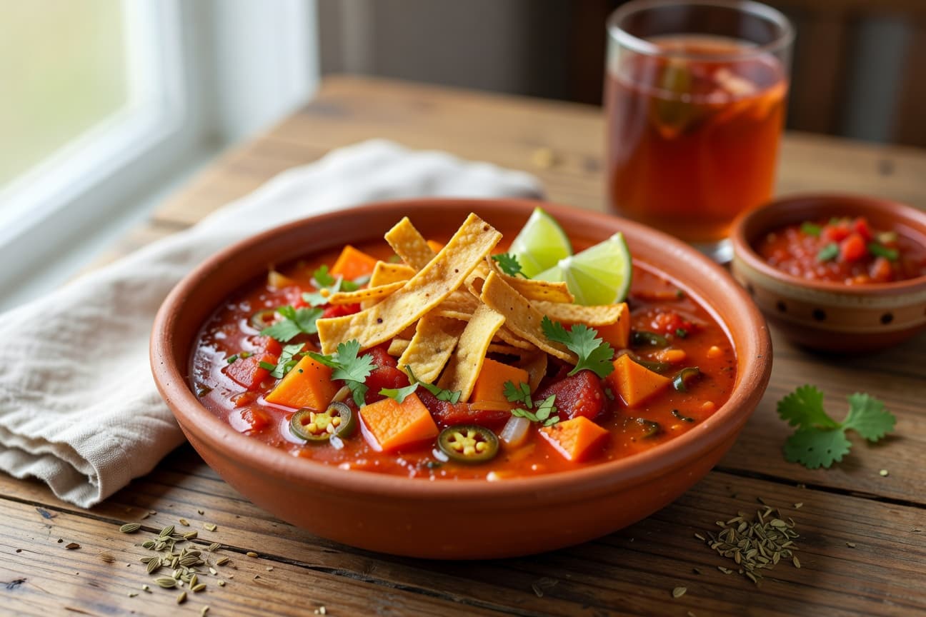 Instant Pot Sweet Potato Tortilla Soup — smoky, limey, and loaded with crispy tortilla strips and fresh toppings.